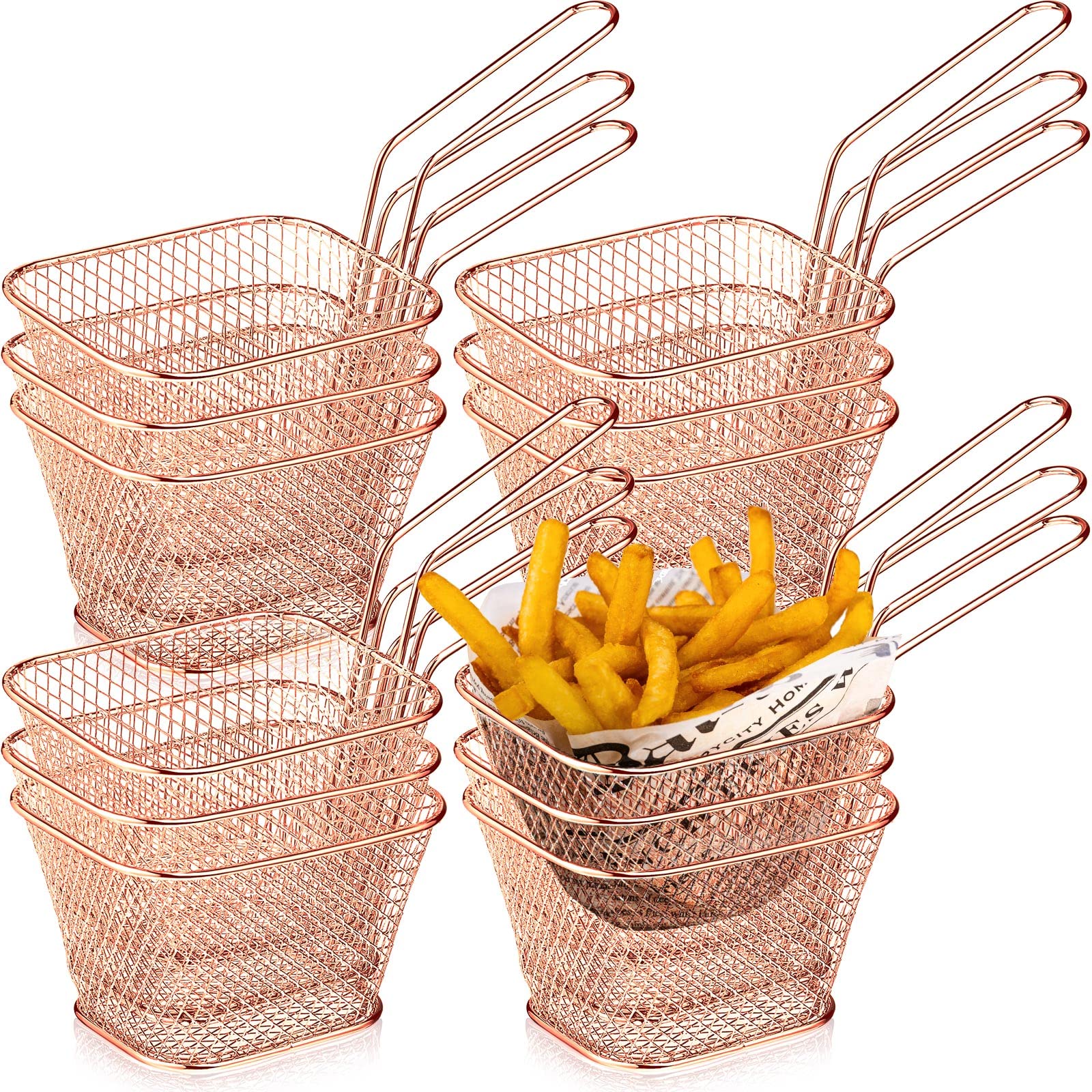 Sieral 12 Pieces Mini Square Fry Basket Steel French Chip Food Baskets for Serving Stainless with Handle Reusable Fries Holder Deep Fryer Home(Rose Gold), 10.5 x 8.5 x 6.3 cm/ 4.1 x 3.3 x 2.5 inches