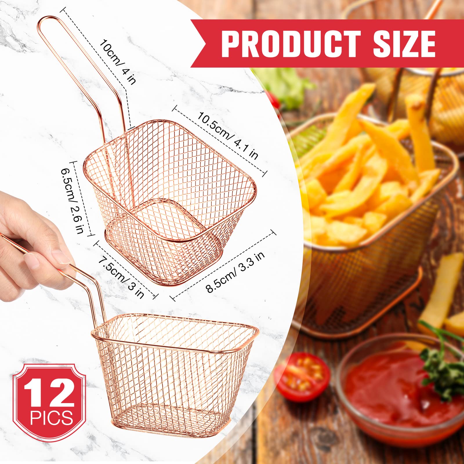 Sieral 12 Pieces Mini Square Fry Basket Steel French Chip Food Baskets for Serving Stainless with Handle Reusable Fries Holder Deep Fryer Home(Rose Gold), 10.5 x 8.5 x 6.3 cm/ 4.1 x 3.3 x 2.5 inches