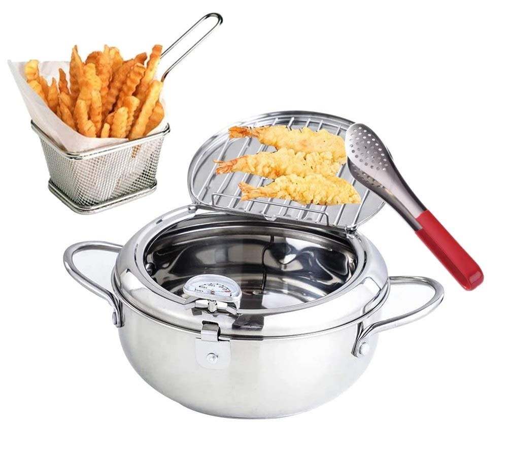 Deep Fryer Set,3.6QT Mini Deep fry Pot with French Fries Basket and Frying Tongs -Stainless Steel Deep Fry Pan with Thermometer