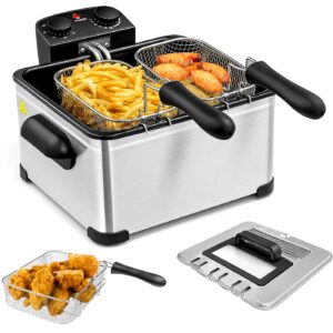 5.3qt electric deep fryer with 3 baskets, simoe 5l stainless steel deep fryer w/60 timer & lid with view window, home countertop oil fryer w/temperature control for kitchen, party, french fries