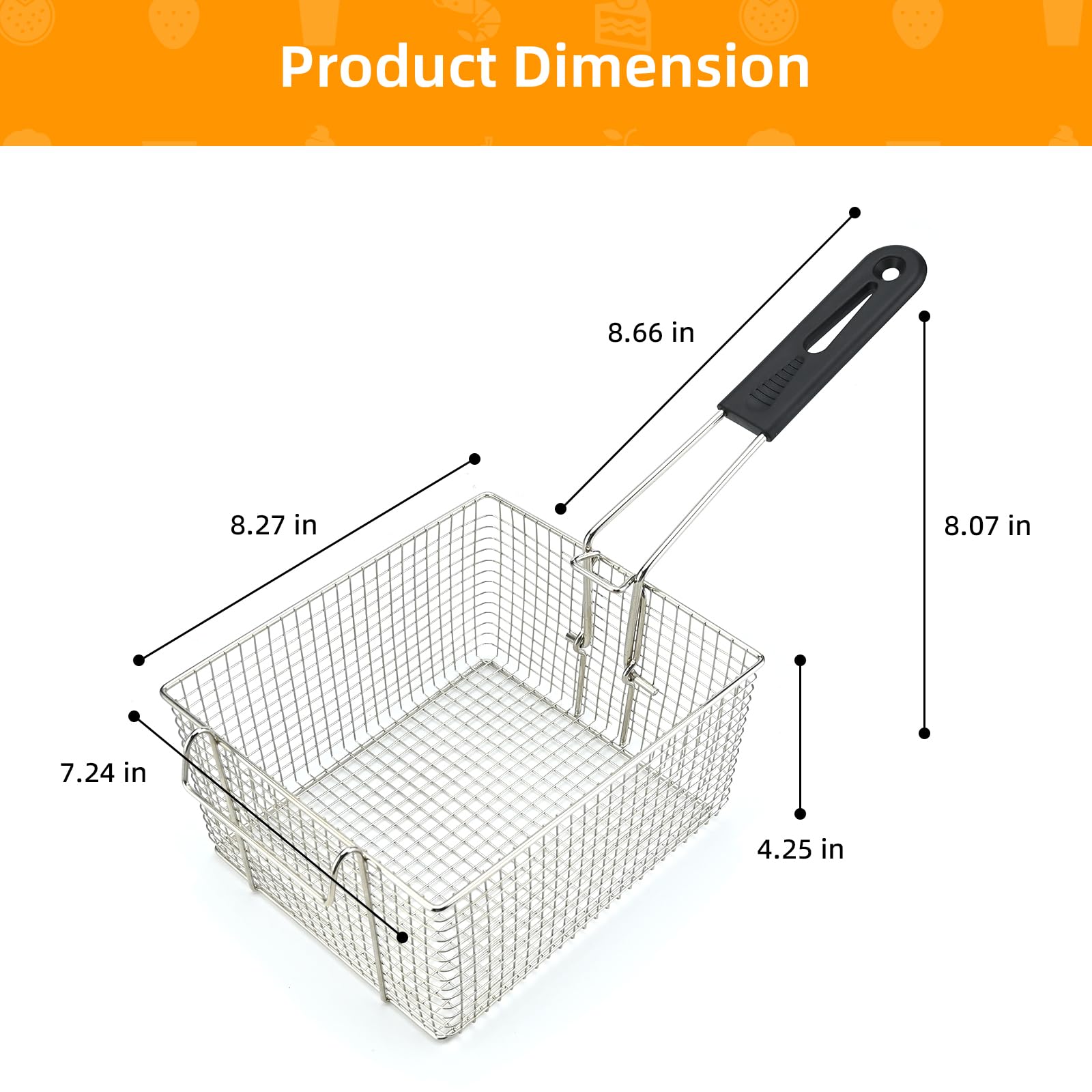 Delizon Electric Fryer Basket for Frying Serving Food, with Rubber Handle Grip, 7.2" x 8.3" x 4.3" Heavy Duty Construction Suitable for fry chicken, fish, french fries, (1 PCS)