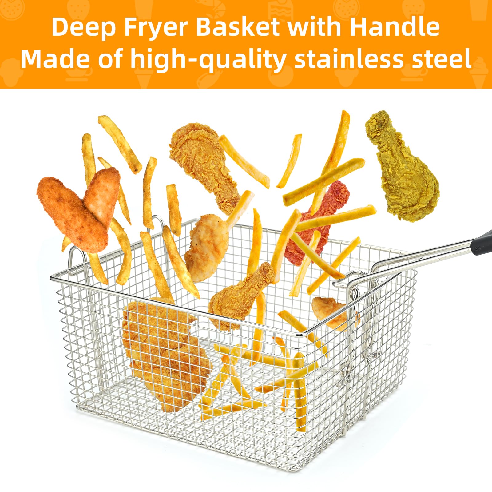 Delizon Electric Fryer Basket for Frying Serving Food, with Rubber Handle Grip, 7.2" x 8.3" x 4.3" Heavy Duty Construction Suitable for fry chicken, fish, french fries, (1 PCS)