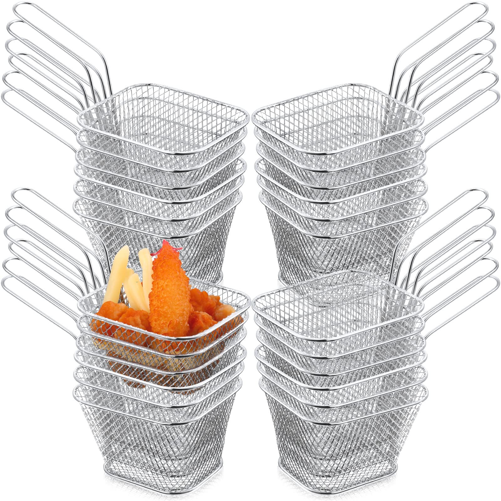 24 Pcs Mini Square Fry Basket Stainless Steel French Fries Holder Deep Fryer Baskets Only Square Mesh Food Basket with Handles Small Serving Basket for Kitchen Restaurant Cafe Barbecue (Silver)