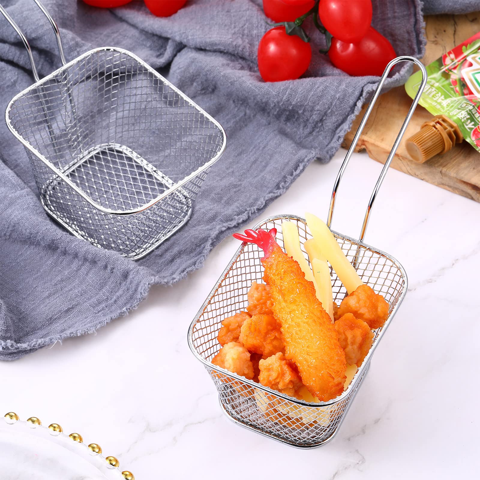 24 Pcs Mini Square Fry Basket Stainless Steel French Fries Holder Deep Fryer Baskets Only Square Mesh Food Basket with Handles Small Serving Basket for Kitchen Restaurant Cafe Barbecue (Silver)