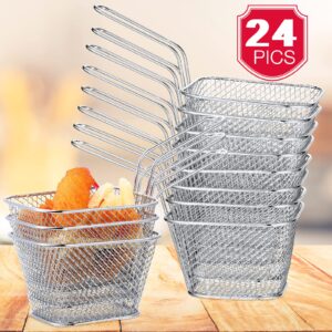 24 Pcs Mini Square Fry Basket Stainless Steel French Fries Holder Deep Fryer Baskets Only Square Mesh Food Basket with Handles Small Serving Basket for Kitchen Restaurant Cafe Barbecue (Silver)