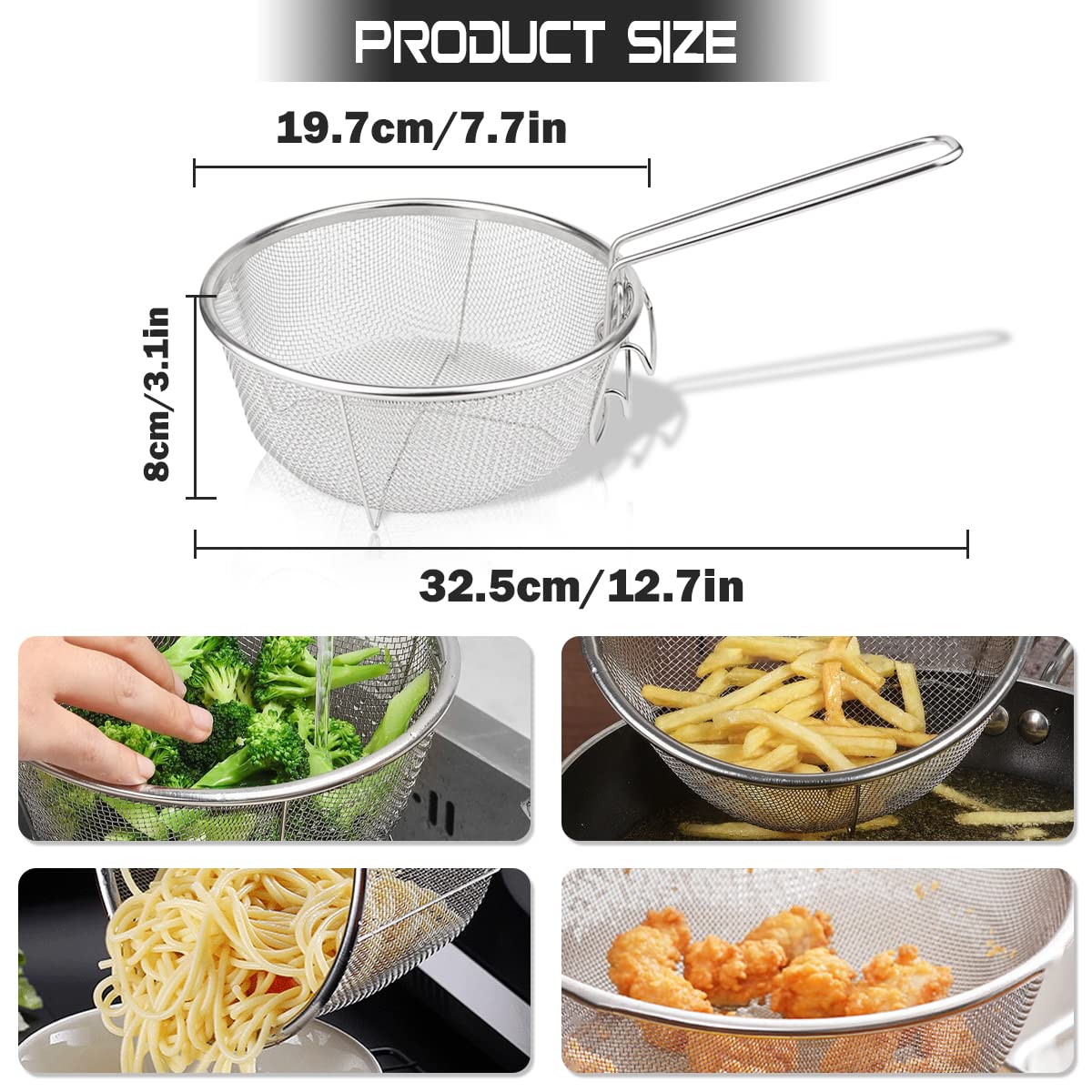 ANRONCH Stainless Steel Deep Fry Basket, Multifunctional Foldable Drain Basket Round Wire Mesh French Chip Frying Serving Food Presentation Tableware with Folding Handles