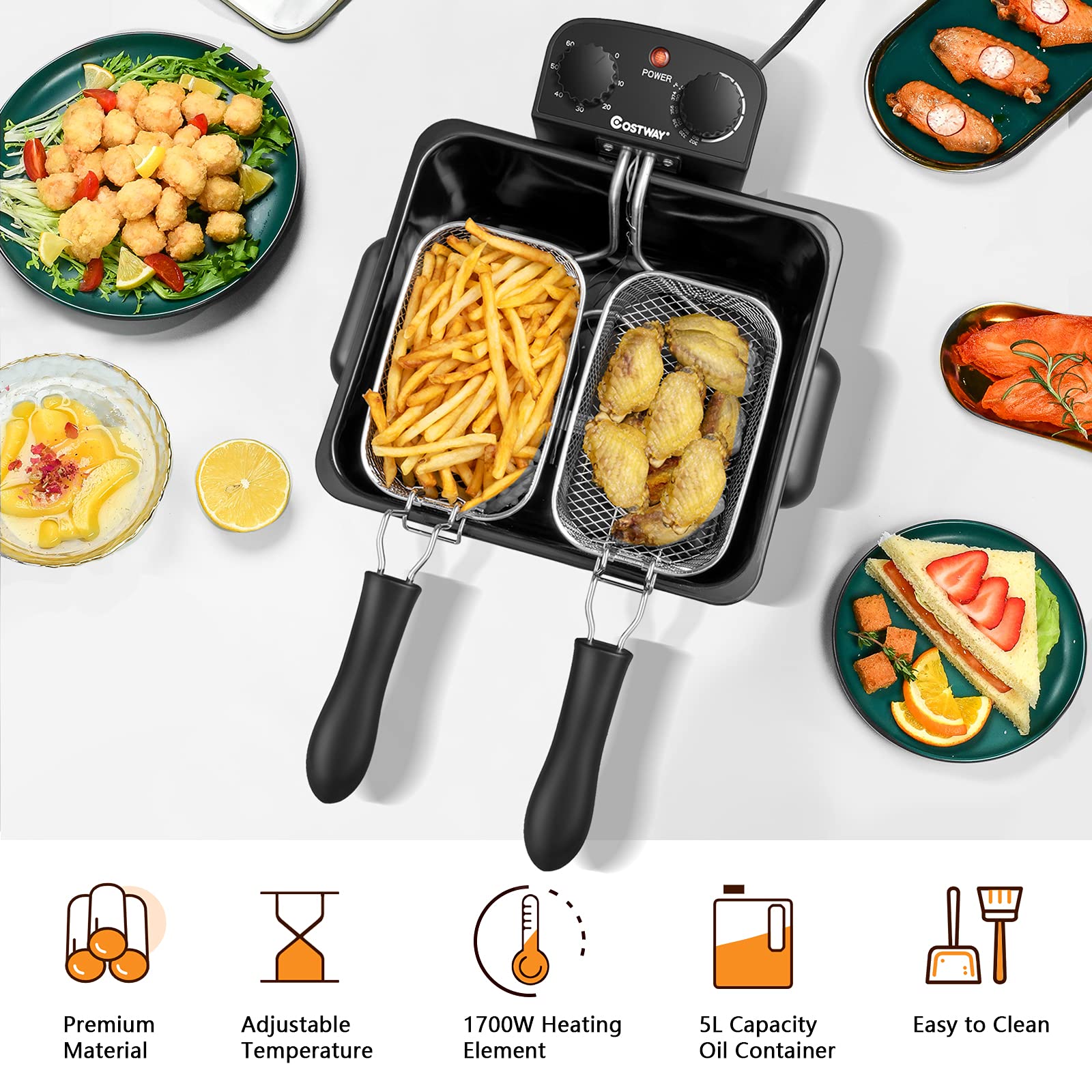 COSTWAY Deep Fryer with Basket, 5.3Qt Stainless Steel Electric Oil Fryer w/Adjustable Temperature, Timer, Lid with View Window, Professional Style, Deep Fryer Pot for Home Use, French Fries, Chicken