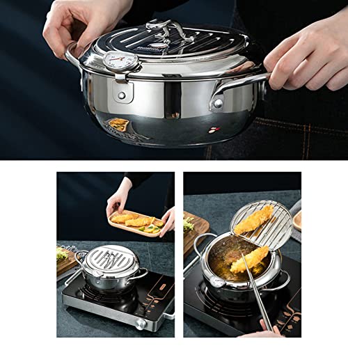 Deep Fryer Pot, Stainless Steel Deep Frying Pot, Small Deep Fryer Stainless Steel Deep Fryer Pot with Temperature Control Oil Drain for French Fries Fish Chicken(L)