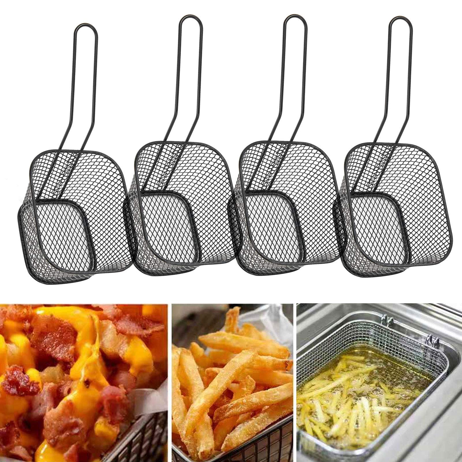 4Pcs Square Fry Basket, Stainless Steel French Fries Holder Fried Food Table Serving Net Strainer Kitchen Cooking Tools(Black)