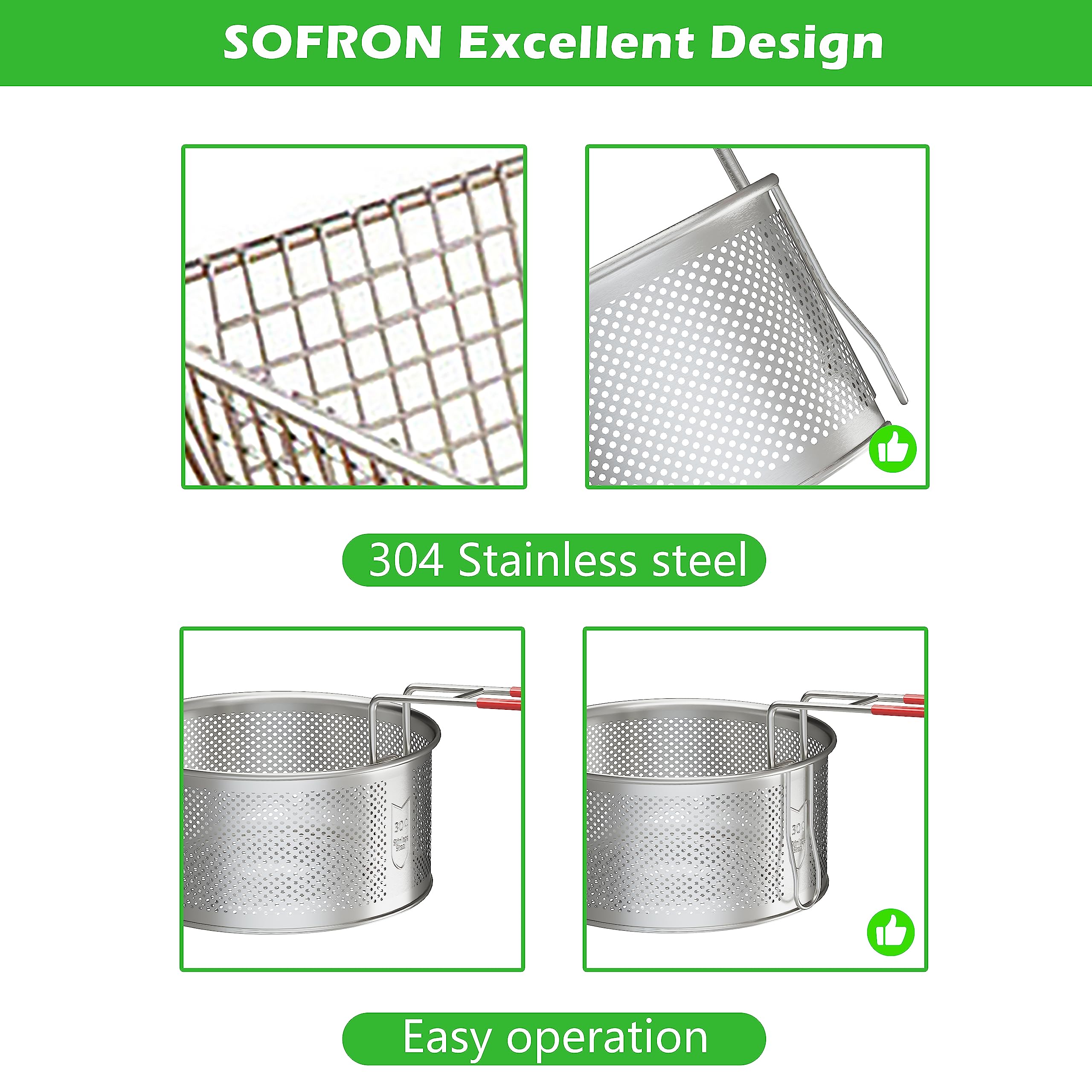 SOFRON Deep Fryer Basket 7.87" x 4", Round Stainless Steel Fry Baskets With Handle and Resting Hook for French Chips, Onion Rings, Chicken Wings and Pasta, Large