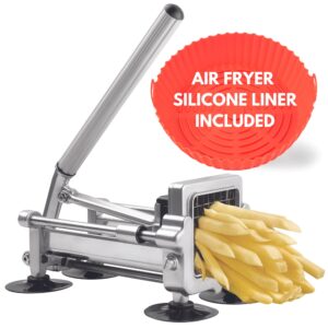 French Fry Cutter For Potatoes, Aluminum Stainless Steel Potato Cutter with 1/4-Inch & 3/8-Inch Blades, Includes 7.5-inch Air Fryer Silicone Liner, Potato Cutter for Fries, Potato, Onion, Vegetables