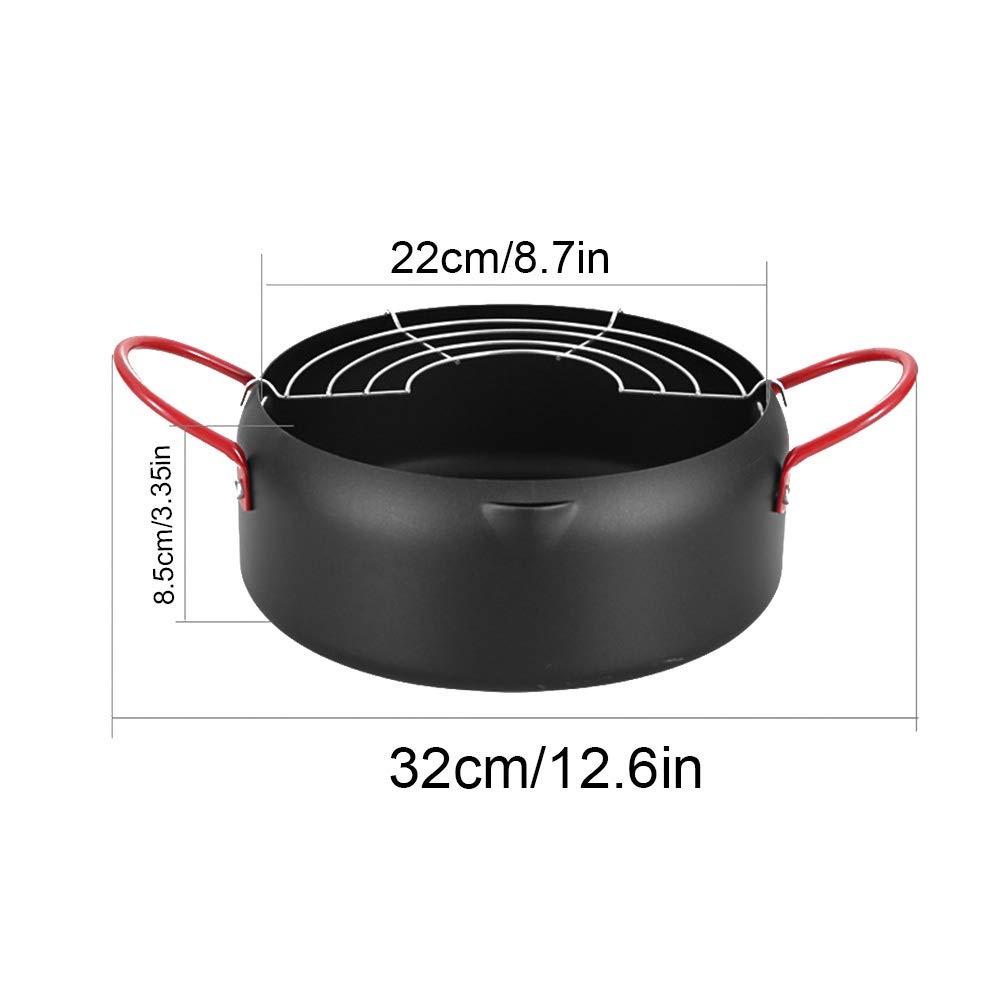 Deep Fryer,22cm Tempura Deep Fryer,Non Stick Japanese Style Deep Frying Iron Pot,with Oil Drip Drainer Rack & Clip,for Fried Chicken Legs,Tempura,French Fries,Chicken Chops(Black)