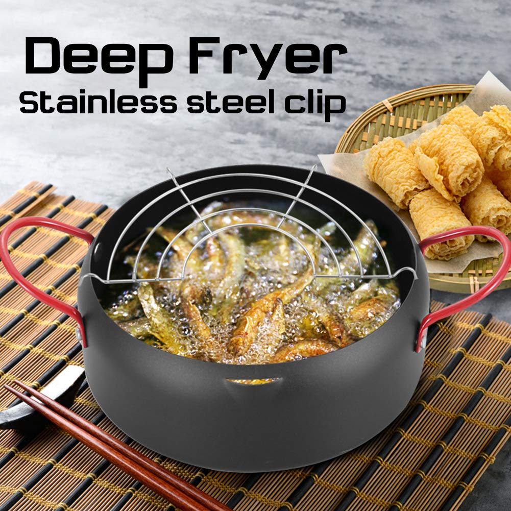 Deep Fryer,22cm Tempura Deep Fryer,Non Stick Japanese Style Deep Frying Iron Pot,with Oil Drip Drainer Rack & Clip,for Fried Chicken Legs,Tempura,French Fries,Chicken Chops(Black)