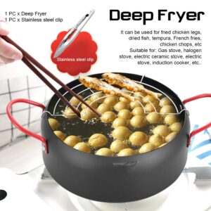 Deep Fryer,22cm Tempura Deep Fryer,Non Stick Japanese Style Deep Frying Iron Pot,with Oil Drip Drainer Rack & Clip,for Fried Chicken Legs,Tempura,French Fries,Chicken Chops(Black)