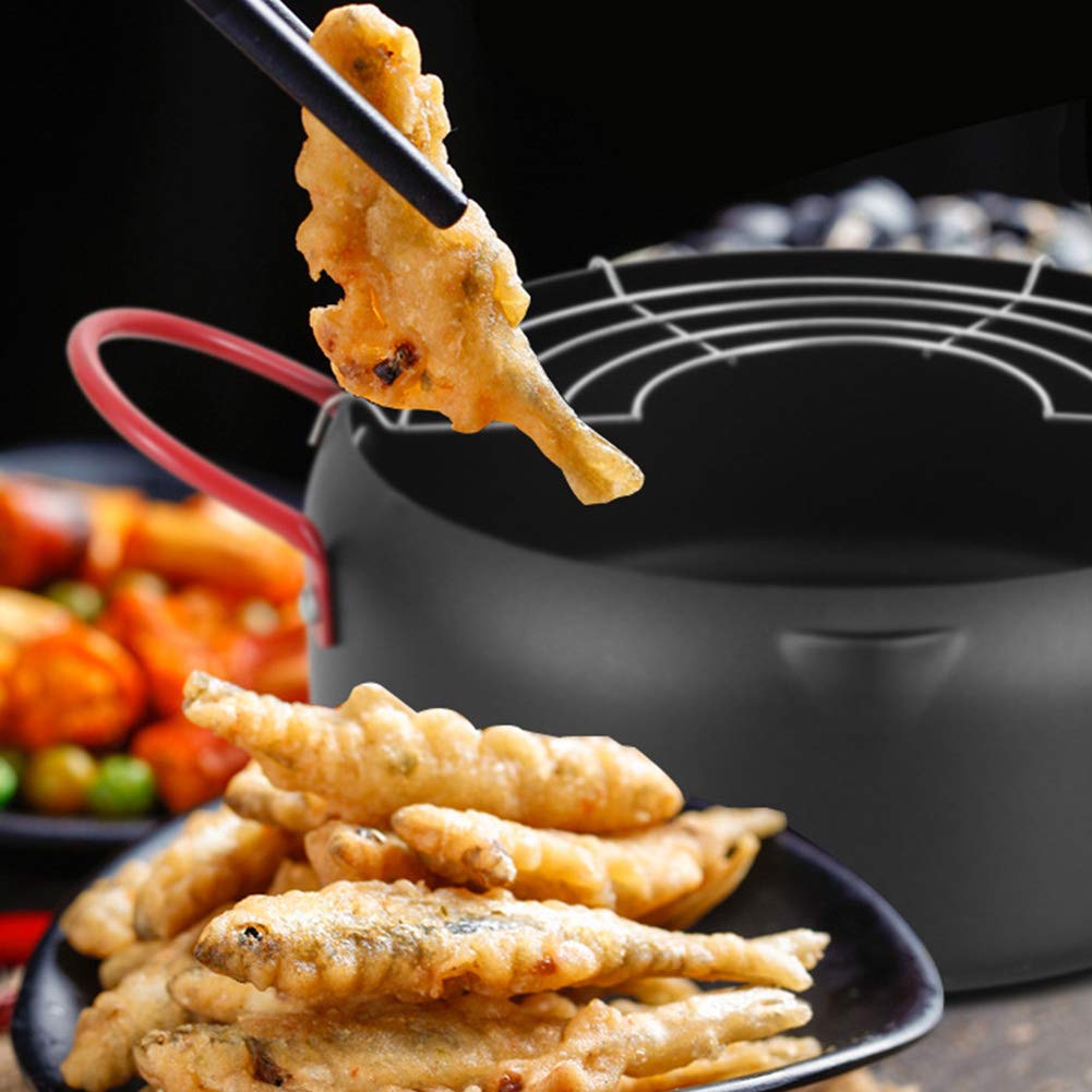 Deep Fryer,22cm Tempura Deep Fryer,Non Stick Japanese Style Deep Frying Iron Pot,with Oil Drip Drainer Rack & Clip,for Fried Chicken Legs,Tempura,French Fries,Chicken Chops(Black)