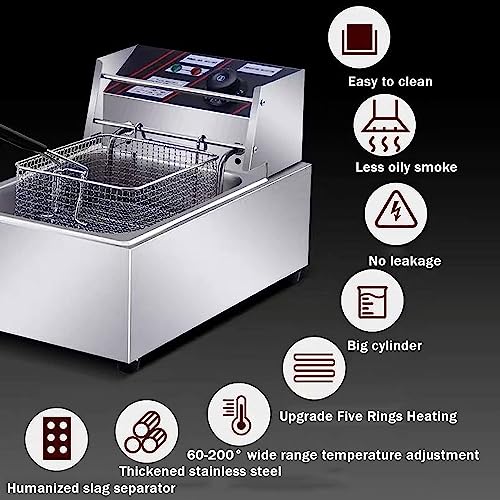 Small Deep Fat Fryer With Countertop Fryers Stainless Steel French Fries Electric Deep Fryers 10 Liter, Viewing Window, Countertop Fryer, 60-200°C Adjustable Temperature Control, Safety Handle