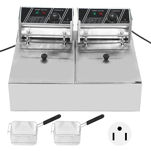 Dual Tank Electric Fryer, Professional Stainless Steel Electric Deep Fryer Dual Basket French Fry Countertop Frying Machine with Adjustable Temperature for Home Kitchen