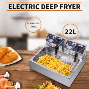 23.26QT 5000W Large Electric Deep Fryer with Baskets & Lids,Stainless Steel Commercial Fryer,Adjustable Temperature,Easy Clean,Countertop Kitchen Frying Machine,French Fries Donuts