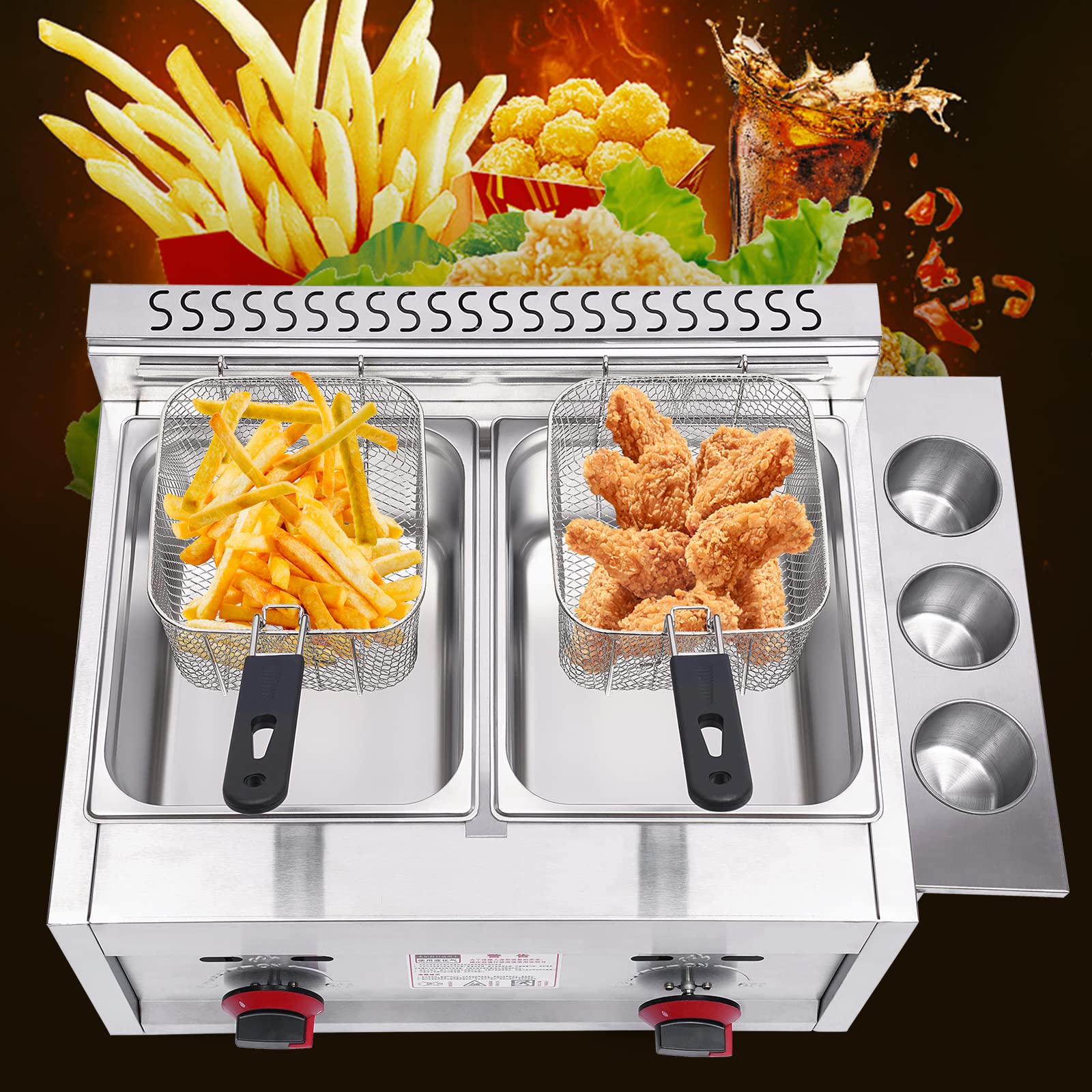 Cutycaty Commercial Gas Deep Fryer Countertop, Dual Tank Stainless Steel Kitchen Frying Machine with 2 Removable Baskets and Lids for Restaurant Home Kitchen French Fries Turkey Donuts (6 Liter)