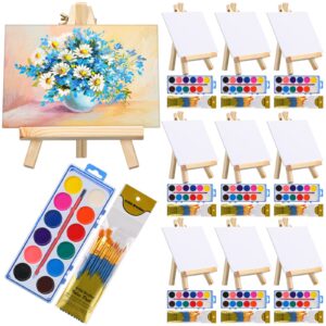 10 set paint kit wood easel set include 10 wood easels 10 pcs canvases 100 pcs brushes and 10 pcs watercolor paint painting supplies kit wooden art easel for kids and adults (5 x 7 inch)