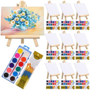 10 Set Paint Kit Wood Easel Set Include 10 Wood Easels 10 Pcs Canvases 100 Pcs Brushes and 10 Pcs Watercolor Paint Painting Supplies Kit Wooden Art Easel for Kids and Adults (5 x 7 Inch)