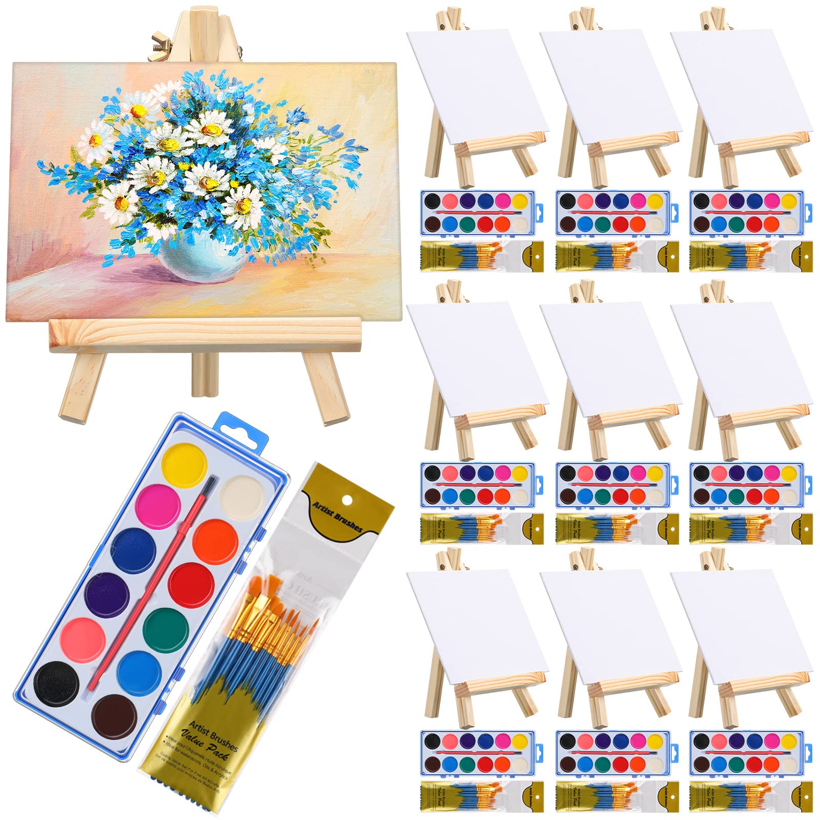 10 Set Paint Kit Wood Easel Set Include 10 Wood Easels 10 Pcs Canvases 100 Pcs Brushes and 10 Pcs Watercolor Paint Painting Supplies Kit Wooden Art Easel for Kids and Adults (5 x 7 Inch)