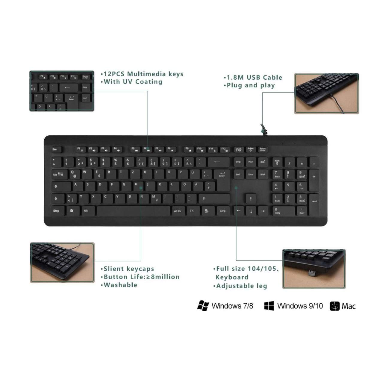 BoxWave Keyboard Compatible with Acer ConceptD 7 Ezel (CC715-72G) (Keyboard AquaProof USB Keyboard, Washable Waterproof Water Resistant USB Keyboard - Jet Black