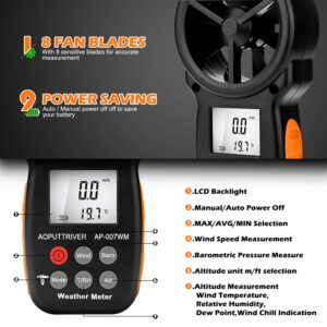 Digital Anemometer Barometer Handheld Anemometer, Wind Speed Meter for Wind Speed/Temperature with Wind Chill & Relative Humidity, Altitude, Barometric Pressure measure for HVAC CFM Shooting -AP-007WM