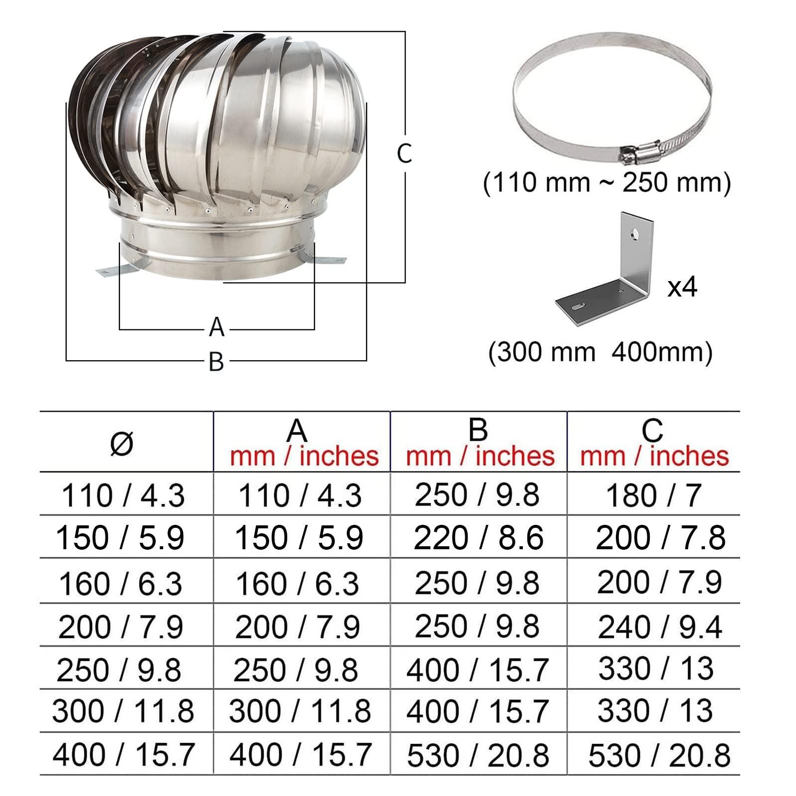 DUYULIANG Roof Wind Turbines Cap Vent Round Internally Braced Wind Turbines, 304 Stainless Steel Roof Ventilator Air Outlet, 4 10 12 Inch, Easy to Install Unpowered Rotation Rainproof Ventilator