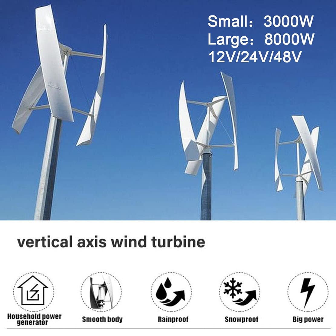 3000W/8000W Wind Turbine Generator 12V/24V/48V Vertical Axis Wind Turbine, Vertical Wind Generator with 3 Blade and Controller, Glass Fiber Blades Wide Application for Cabin,3000W-24V