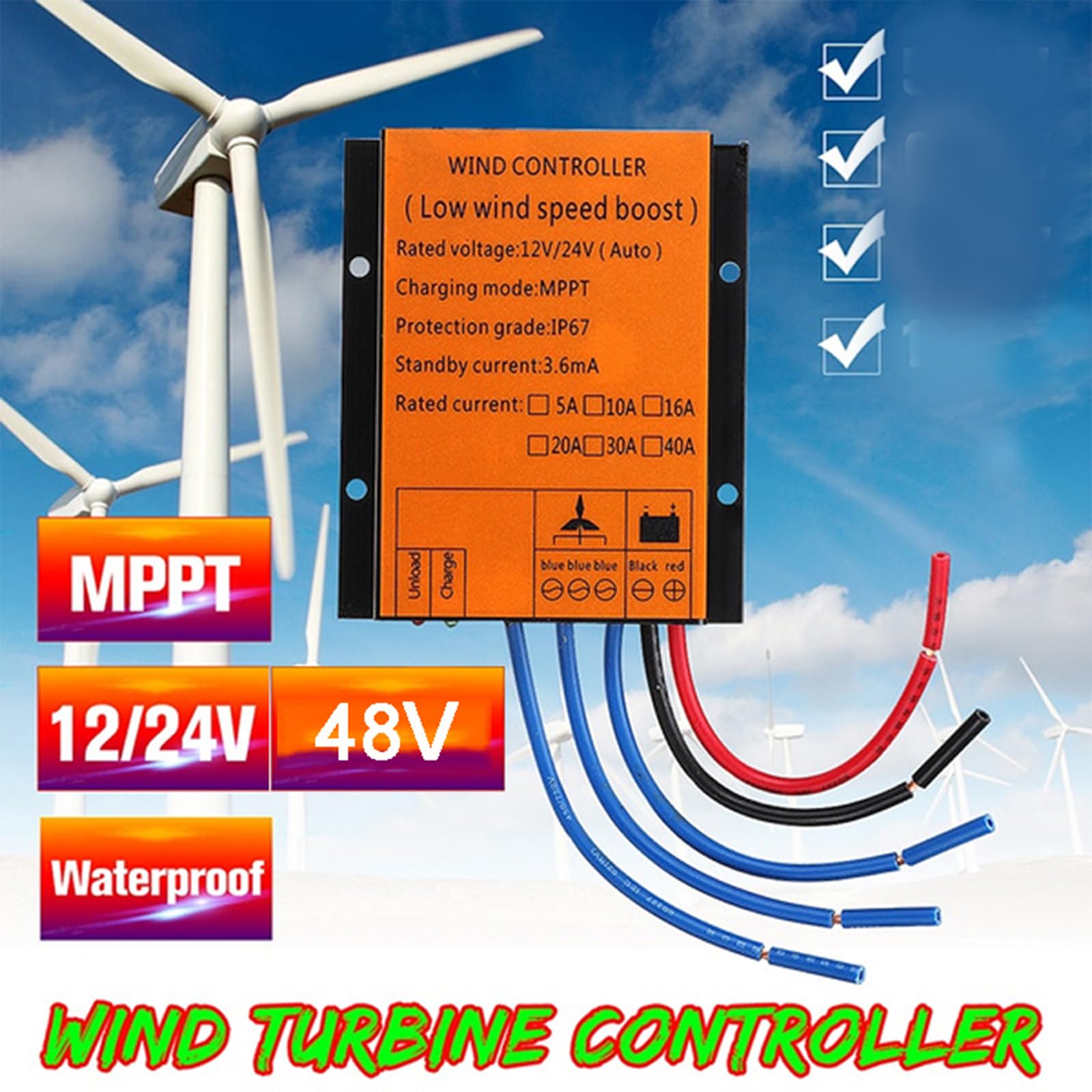 Wind Turbine Charge Controller 12V 24V 48V, 5000W MPPT Charger Wind Turbine Controller IP67 Waterproof DC for DC Wind Turbines ,12v