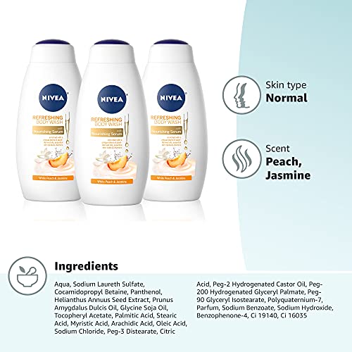 NIVEA White Peach and Jasmine Body Wash with Nourishing Serum, Pack of 3, 20 Fl Oz