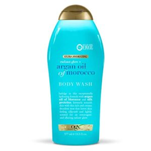 ogx radiant glow + argan oil of morocco extra hydrating body wash for dry skin, moisturizing gel body cleanser for silky soft skin, paraben-free, sulfate-free surfactants, 19.5 fl oz