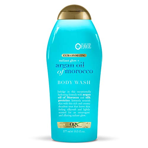 OGX Radiant Glow + Argan Oil of Morocco Extra Hydrating Body Wash for Dry Skin, Moisturizing Gel Body Cleanser for Silky Soft Skin, Paraben-Free, Sulfate-Free Surfactants, 19.5 fl oz