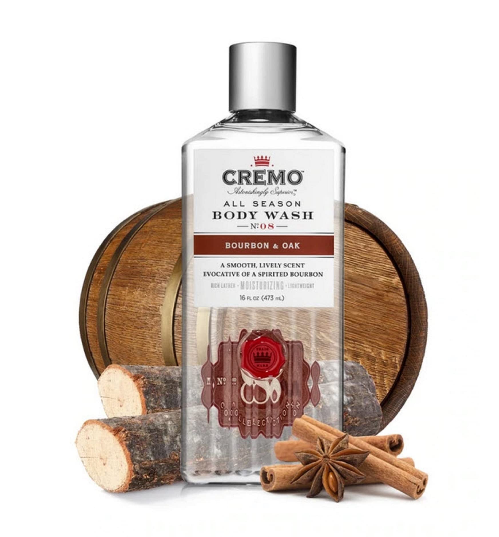 Cremo Rich-Lathering Bourbon & Oak Body Wash, A Sophisticated Blend of Distillers Spice, Fine Bourbon and White Oak, 16 Fl Oz (2-Pack)