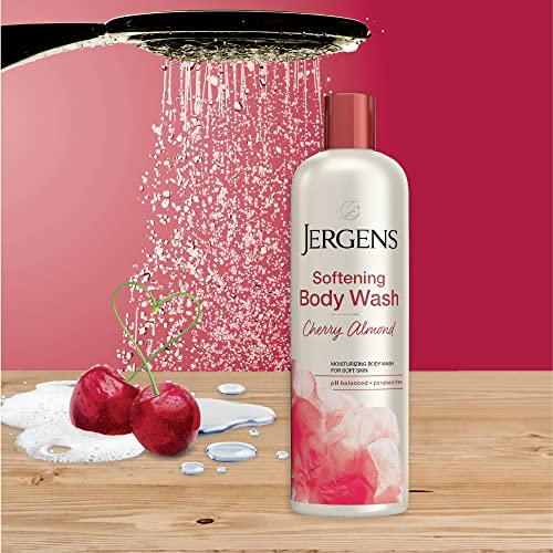 Jergens Softening Body Wash, Daily Moisturizing Skin Cleanser, Paraben Free, 22 Ounces, Infused with Cherry Almond, pH Balanced, Dye Free, Dermatologist Tested (Packaging May Vary)