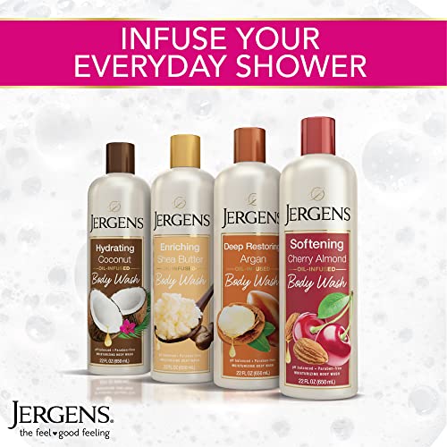 Jergens Softening Body Wash, Daily Moisturizing Skin Cleanser, Paraben Free, 22 Ounces, Infused with Cherry Almond, pH Balanced, Dye Free, Dermatologist Tested (Packaging May Vary)