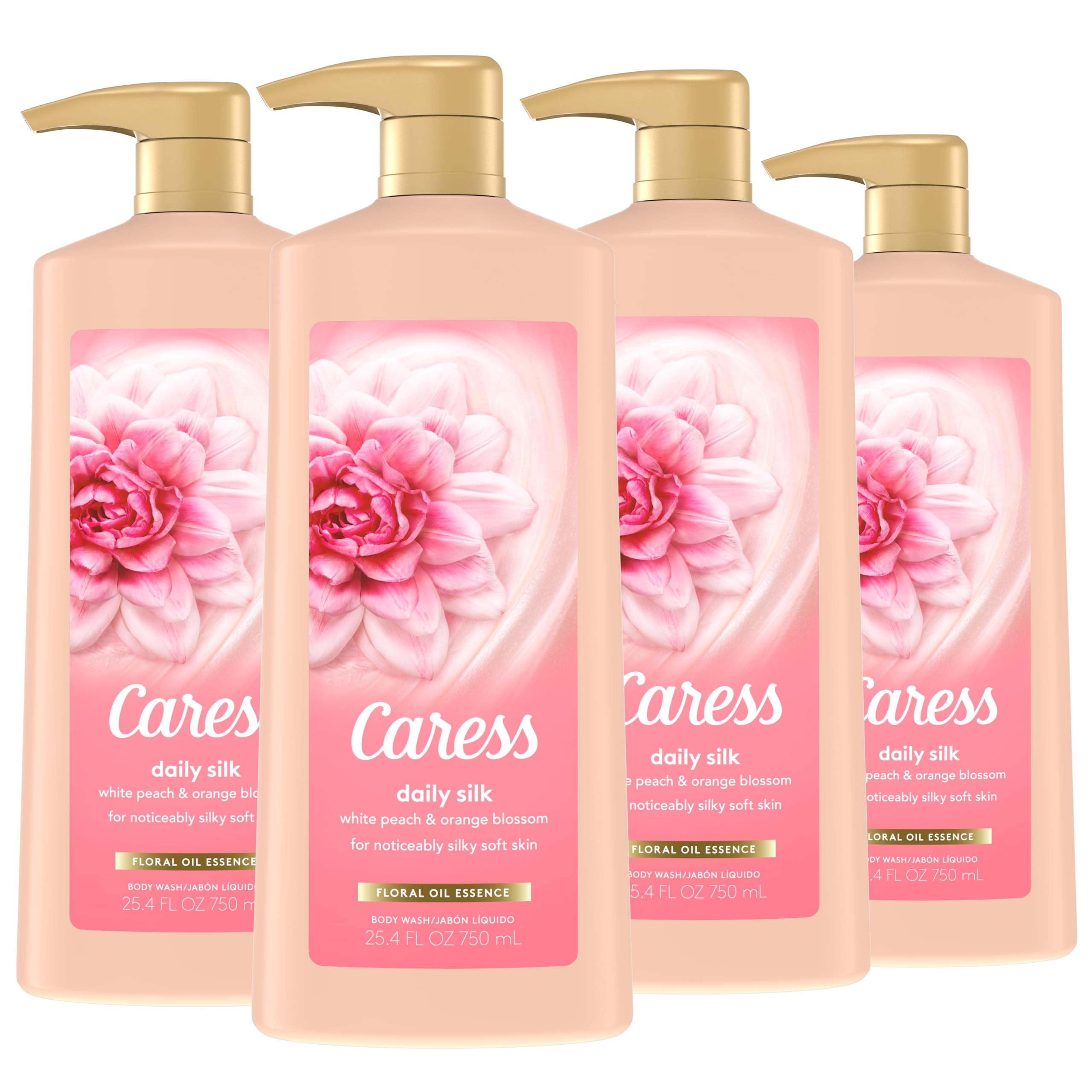 Caress Hydrating Body Wash with Pump Shower Gel For Soft, Silky Skin Daily Moisture Body Wash With Silk Extract & Floral Oil Essence, 25.4 Fl Oz (Pack of 4)