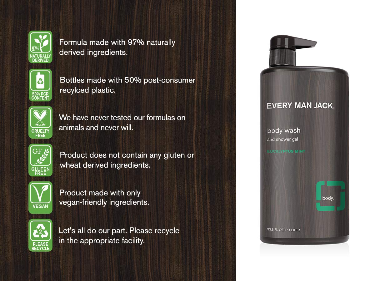 Every Man Jack Eucalyptus Mint Mens Body Wash for All Skin Types - Cleanse, Nourish, and Hydrate Skin with Naturally Derived Ingredients - Paraben Free, Phthalate Free, Dye Free - 33.8oz - 2pack