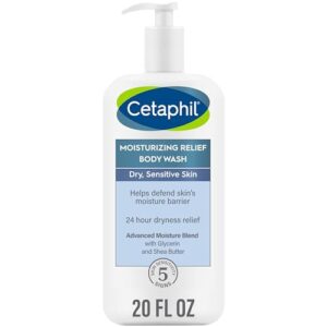 cetaphil body wash, new moisturizing relief body wash for sensitive skin, creamy rich formula gently cleanses and gives 24 hr relief to dry skin,hypoallergenic, fragrance free, 20 oz