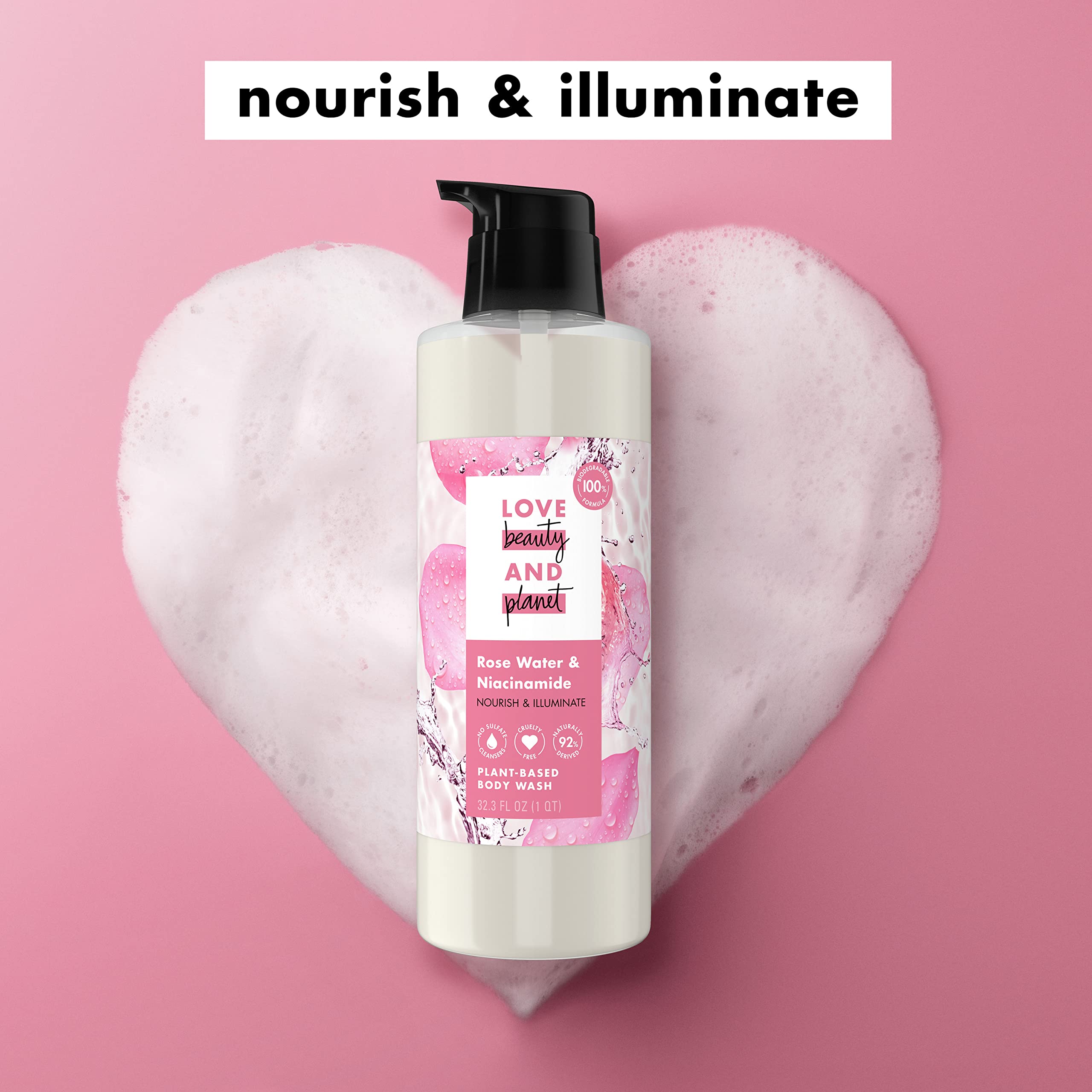 Love Beauty and Planet Plant-Based Body Wash Nourish and Illuminate Skin Rose Water and Niacinamide Made with Plant-Based Cleansers and Skin Care Ingredients 32.3 fl oz