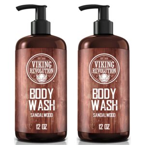 viking revolution men's body wash - sandalwood, skin cleaning agent - mens natural body wash with vitamin e and rosemary oil - shower gel liquid soap, 12 fl oz (pack of 2)
