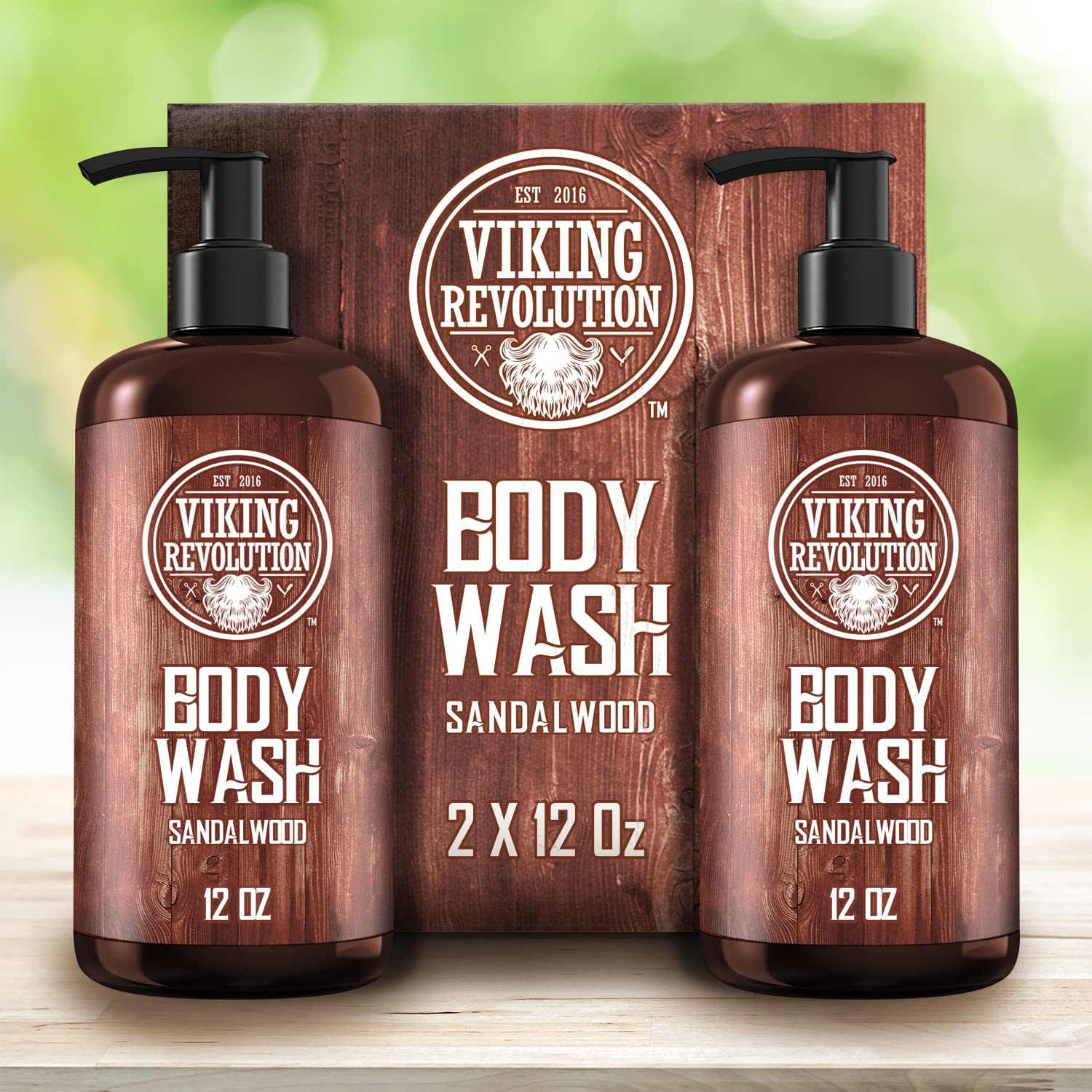 Viking Revolution Men's Body Wash - Sandalwood, Skin Cleaning Agent - Mens Natural Body Wash with Vitamin E and Rosemary Oil - Shower Gel Liquid Soap, 12 Fl Oz (Pack of 2)