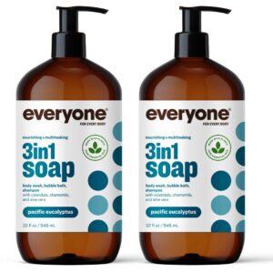 Everyone 3-in-1 Soap, Body Wash, Bubble Bath, Shampoo, 32 Ounce (Pack of 2), Pacific Eucalyptus, Coconut Cleanser with Plant Extracts and Pure Essential Oils