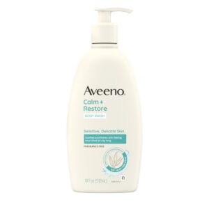 aveeno calm + restore daily body wash for sensitive, delicate skin, gentle cleanser with oat, aloe & pro-vitamin b5 soothes & leaves skin feeling nourished, fragrance free, 18 fl. oz