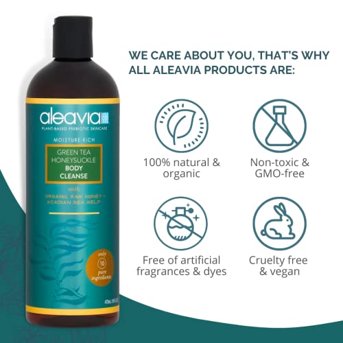 Aleavia Green Tea Honeysuckle Body Cleanse – Organic & All-Natural Prebiotic Body Wash with Raw Honey – 16 Oz.