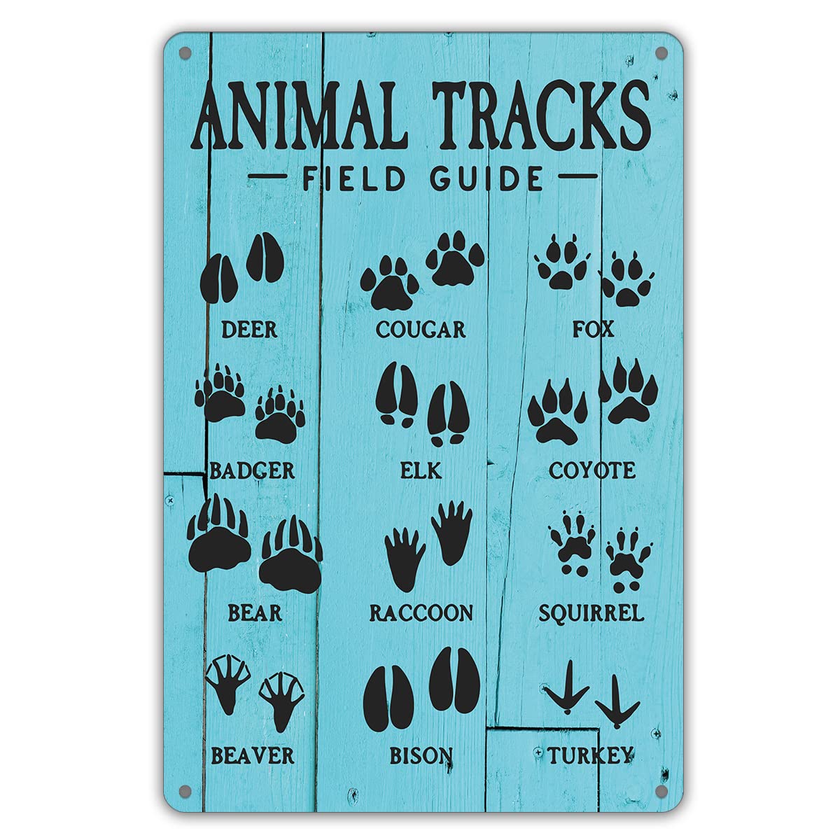 Funny Blue Animal Tracks Field Guide Metal Tin Sign Wall Decor Rustic Retro Educational Poster Sign for Home Office Nursery Bedroom Decor Gifts