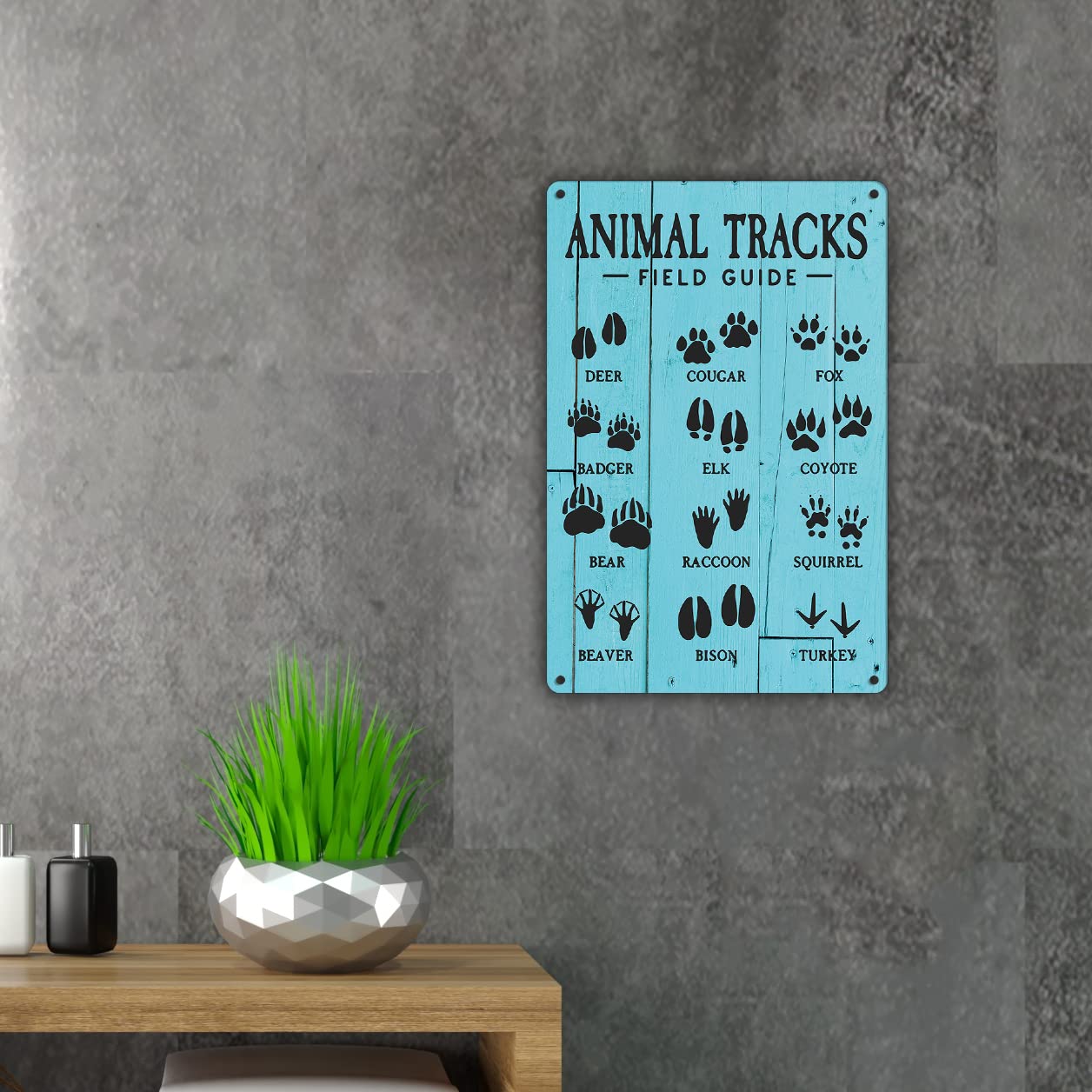 Funny Blue Animal Tracks Field Guide Metal Tin Sign Wall Decor Rustic Retro Educational Poster Sign for Home Office Nursery Bedroom Decor Gifts