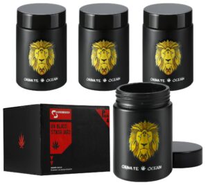 ornate ocean 4-pack 250ml uv glass stash jars lion king - 4 piece set multipurpose storage containers - convenient airtight smell free screw top lid jars preserves and secures your herbs