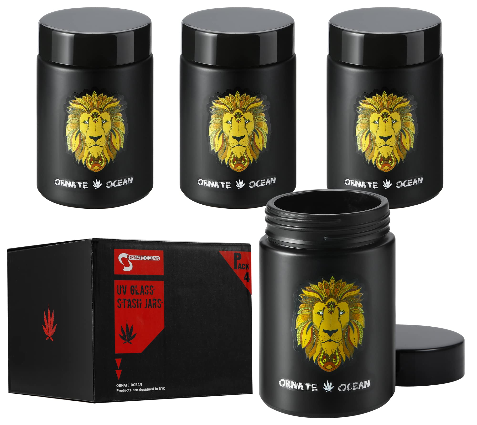 Ornate Ocean 4-Pack 250ml UV Glass Stash Jars Lion King - 4 Piece Set Multipurpose Storage Containers - Convenient Airtight Smell Free Screw Top Lid Jars Preserves and Secures Your Herbs